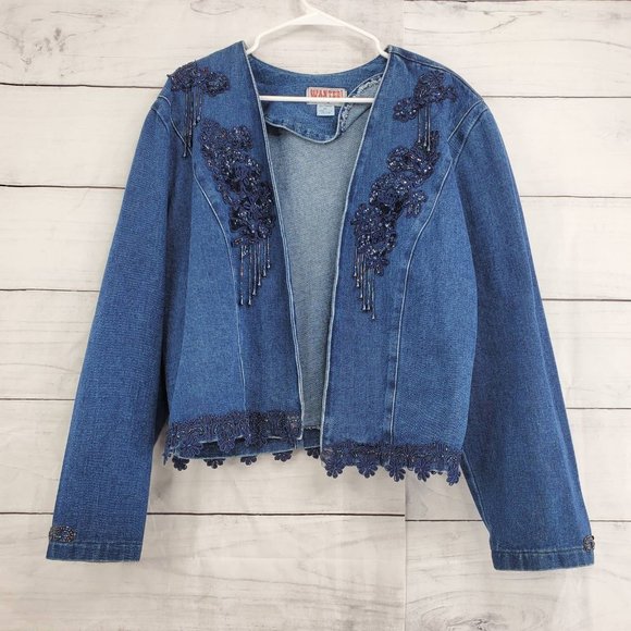 Vintage Beaded Open Front Jean Jacket - Picture 1 of 3